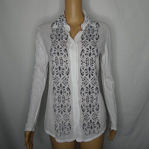 Michael Stars Button Up Shirt Boho Distressed Print 0 XS EUC Long Sleeve White - Picture 1 of 7